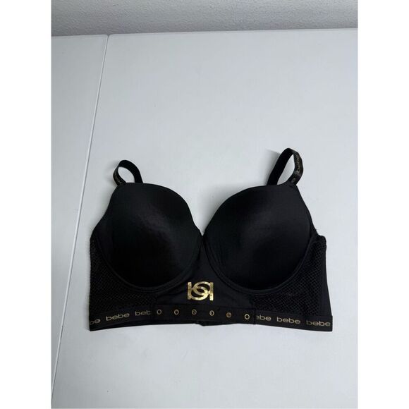 BeBe Bra Size 38C Black Underwire Padded Push-up Foshnet Bra Logo On Band - Picture 1 of 6
